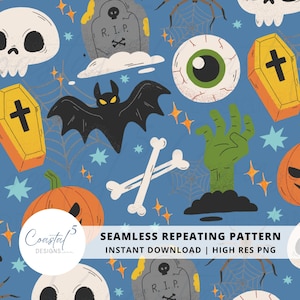 Peut inclure: Un motif répétitif sans couture avec des illustrations sur le thème d'Halloween sur fond bleu. Le motif comprend des crânes, des pierres tombales, des chauves-souris, des citrouilles, des mains de zombies et des toiles d'araignées. Le texte "SEAMLESS REPEATING PATTERN" est également inclus.