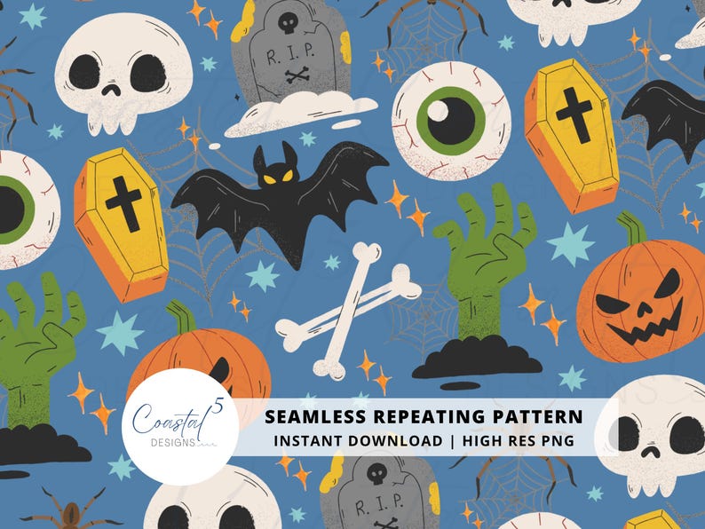 boys halloween seamless pattern with fun boy inspired halloween elements like bats, eyeballs, skulls, zombies and more. Perfect halloween digital paper for all your crafting needs. Fun blue background and drawn halloween png elements.