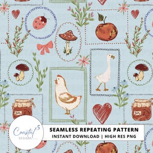May include: A seamless repeating pattern with a light blue background featuring framed illustrations of a ladybug, mushrooms, an apple, a goose, a chicken, hearts, and jam jars. The text "SEAMLESS REPEATING PATTERN" is also present.
