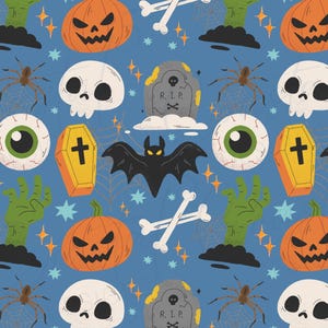 boys halloween seamless pattern with fun boy inspired halloween elements like bats, eyeballs, skulls, zombies and more. Perfect halloween digital paper for all your crafting needs. Fun blue background and drawn halloween png elements.