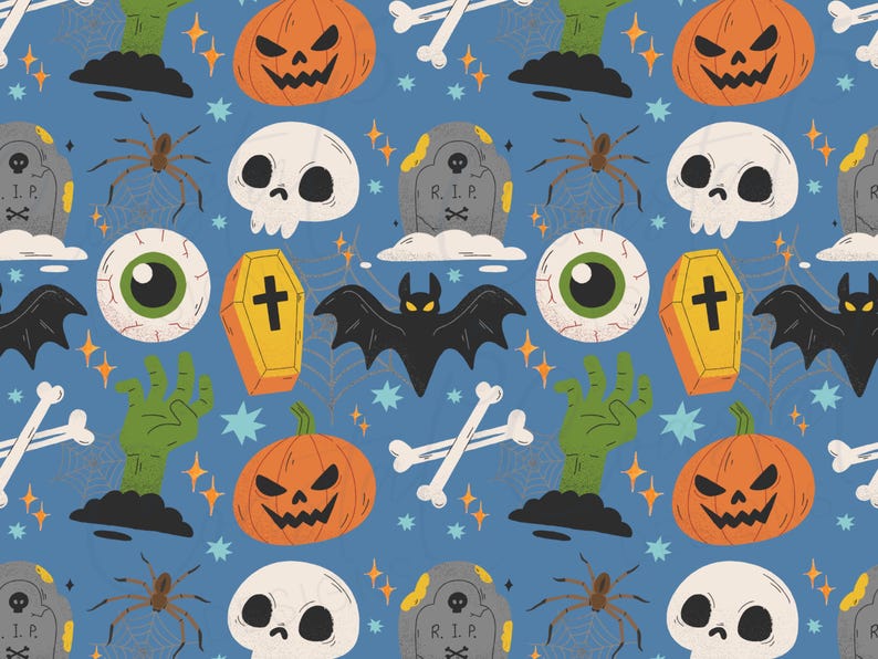 boys halloween seamless pattern with fun boy inspired halloween elements like bats, eyeballs, skulls, zombies and more. Perfect halloween digital paper for all your crafting needs. Fun blue background and drawn halloween png elements.