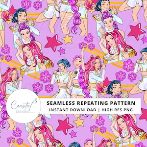 May include: Seamless repeating pattern featuring illustrations of female singers with pink and blue hair, wearing white outfits, and holding microphones. The design includes pink stars and flowers on a lavender background.