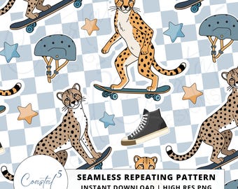 Naadloos skateboardbestand, skateboard digitale download, kinderstof, jongens naadloos patroon voor stofsublimatie, skate