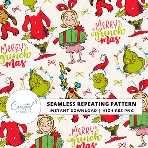 Puede incluir: Patrón repetitivo sin costuras con los personajes Grinch, Cindy Lou Who y Max. El diseño incluye el texto "Merry Grinchmas" y lazos decorativos. La paleta de colores incluye rojo, verde y blanco sobre un fondo crema.