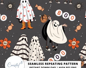 ゴーストコスチュームのシームレスパターン、ハロウィンのシームレスファイル（布地昇華用）、繰り返しデザイン、デジタルスクラップブック用紙/表面パターン