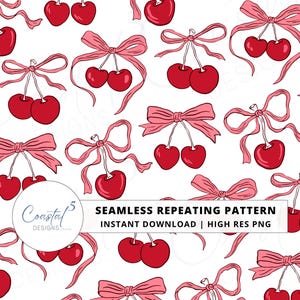May include: A seamless repeating pattern of red cherries with pink bows on a white backdrop. The design showcases pairs and single cherries, creating a romantic feel. The image also includes the text "Seamless Repeating Pattern".