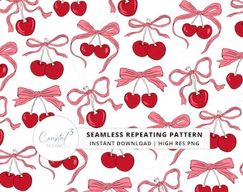 Coquette Cherries Seamless Pattern, Cherry Seamless pattern, Valentine's Cherries Seamless, Coquette Cherry Surface Pattern, Cherries PNG