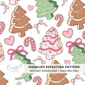 Puede incluir: Patrón repetitivo sin costuras con galletas navideñas en forma de árbol, bastones de caramelo, lazos rosas y corazones sobre fondo blanco. Las galletas están decoradas con glaseado rosa y verde.
