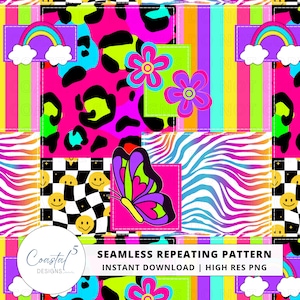 May include: A vibrant, seamless repeating pattern featuring a patchwork design with a mix of bold colors and playful graphics. Includes leopard print, zebra stripes, smiley faces, rainbows, and flowers. The text reads "SEAMLESS REPEATING PATTERN" and "INSTANT DOWNLOAD | HIGH RES PNG".