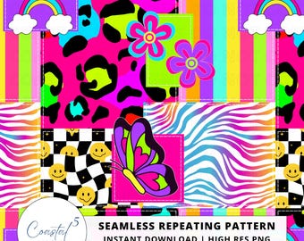 Neon Patchwork Seamless Pattern, Y2K Digital Paper, Electric Leopard Rainbow Zebra Smiley Face Checkered, Bright Festival Fabric File