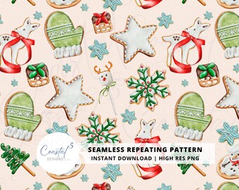 Archivo sin costuras de invierno, patrón sin costuras de galletas navideñas, sublimación de telas navideñas, patrón de superficie navideña, papel digital de galletas navideñas