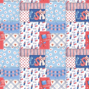 USA patchwork seamless pattern featuring watercolor American flags, cola bottles, cherries, and bunting in red, white, and blue, coquette bows, and various patriotic pattern elements.