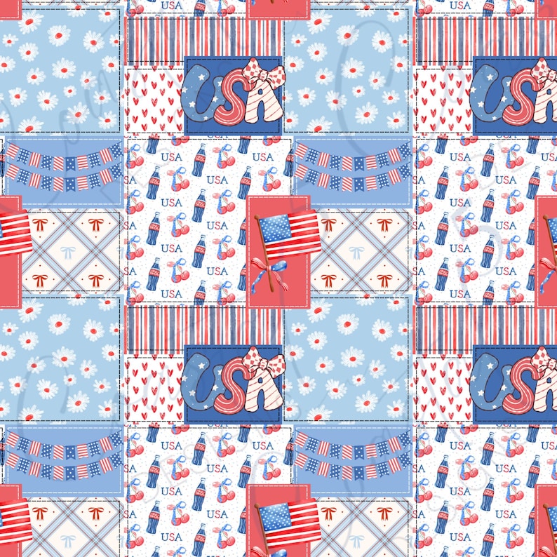 USA patchwork seamless pattern featuring watercolor American flags, cola bottles, cherries, and bunting in red, white, and blue, coquette bows, and various patriotic pattern elements.