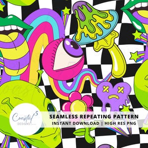 Peut inclure: Motif répétitif sans couture avec des illustrations psychédéliques. Comprend une tête d'extraterrestre verte, un œil rose, un arc-en-ciel, un champignon et un cœur violet sur un fond à carreaux noir et blanc. Le motif comprend le texte "SEAMLESS REPEATING PATTERN".