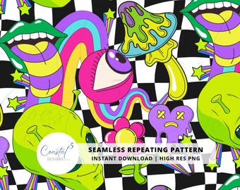 Motif psychédélique transparent, motif extraterrestre sans couture, fichier répétitif néon, motif de surface, papier numérique groovy, hippie