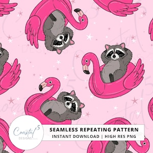 Könnte beinhalten: Nahtloses, sich wiederholendes Muster mit Waschbären, die sich in rosa Flamingo-Schwimmreifen auf hellrosa Hintergrund mit weißen Sternen entspannen. Der Text lautet "SEAMLESS REPEATING PATTERN" und "INSTANT DOWNLOAD | HIGH RES PNG".