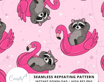 Summer Raccoon Seamless Pattern, Trash Panda Seamless File, Kids Fabric, Surface Pattern, Digital Scrapbooking Paper
