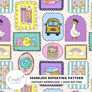 Girly Back to School Frames Seamless Pattern | Doodle Frames Back to School Surface Pattern, Retro Teacher Seamless, Kids Fabric