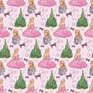 Wicked Seamless Pattern with pink background, Glinda, emerald city, Wicked 2 characters, magic wand, pink bows, and Glinda bubbles for sublimation, kids fabric, custom wrapping paper, digital scrapbooking, and more!