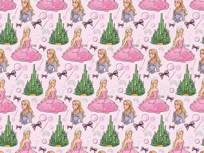 Wicked Seamless Pattern with pink background, Glinda, emerald city, Wicked 2 characters, magic wand, pink bows, and Glinda bubbles for sublimation, kids fabric, custom wrapping paper, digital scrapbooking, and more!