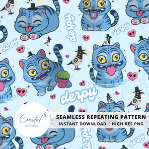 May include: Seamless repeating pattern featuring cartoon blue cats with exaggerated expressions, wearing hats and with birds perched on their heads. Pink hearts and the word "derpy" are scattered across a light blue background.