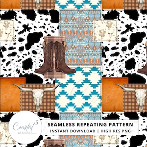 May include: Seamless repeating pattern with a patchwork design featuring cowboy boots, cowhide, turquoise geometric shapes, and longhorn skulls. The pattern includes the text "SEAMLESS REPEATING PATTERN" and "INSTANT DOWNLOAD | HIGH RES PNG".