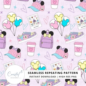 May include: A seamless repeating pattern with cartoon illustrations of Minnie Mouse-themed items. Includes backpacks, trainers, coffee cups, baseball caps, balloons, and polaroid-style photos on a light purple background.