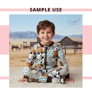 Adorable boy wearing bamboo  zip-up pajamas, featuring a western cowboy patchwork seamless pattern available from Coastal 5 Designs.