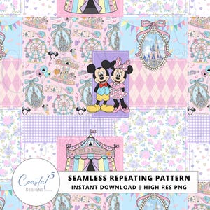May include: A seamless repeating pattern with Mickey and Minnie Mouse, a circus tent, Ferris wheels, and a castle. The design uses pastel colours, including pink, blue, and purple, with the text "FUN & MAGIC".