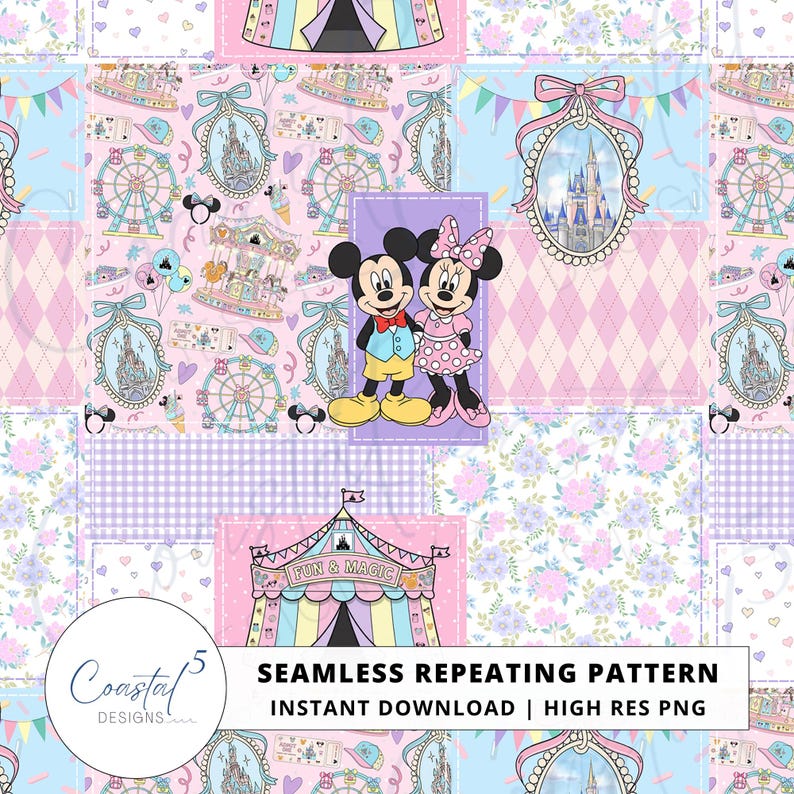 Patchwork Theme Park Seamless Pattern. Use this pastel magic mouse repeating pattern for hair bows, kids fabric, sublimation, tshirt designs, and more! Adorable pastel colors of magic mouse, dreamy castle, theme park rides, park snacks, and dainty patterns in a faux quilt like repeating pattern.