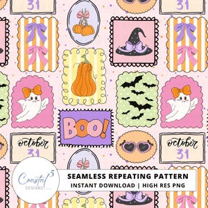 Puede incluir: Un patrón repetitivo sin costuras con ilustraciones de Halloween. El diseño incluye calabazas, sombreros de bruja, fantasmas, murciélagos, lazos y el texto "BOO!" y "October 31". El patrón es de color rosa, naranja, morado y verde.