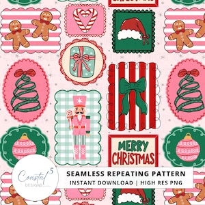 May include: A seamless repeating pattern featuring Christmas icons on a light pink background with small stars. Elements include gingerbread people, candy canes, Santa hats, wrapped gifts, nutcrackers, green bows, and pink ornaments.