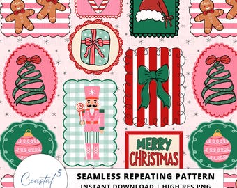 Pink Christmas Frames Seamless Pattern | Holiday Patchwork Pattern Paper Digital Download, Kids Fabric, Holiday Surface Pattern