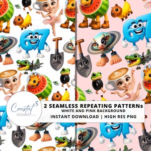 May include: Seamless repeating patterns with a white and pink background. The design features whimsical cartoon characters, including a giraffe in a watermelon, a cow with a Saturn ring, and a coffee cup ballerina. The image also includes the number 67 and the text "Coastal Designs".