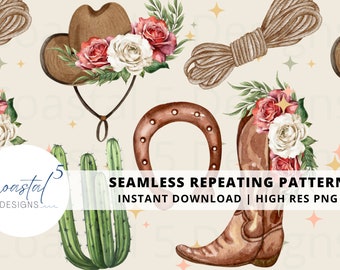 Western Musterdesign | Cowgirl Muster | Oberflächenmuster | Cowboy Muster | Blumen-Western PNG | Stoff Sublimation