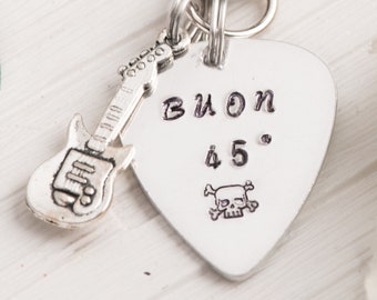 Custom 50th daddy gift. Personalized guitar pick keychain