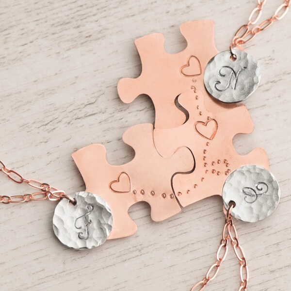 3 sisters best friend long distance necklace as forever friends gift set with puzzle piece set - engraved rose gold puzzle as initial puzzle