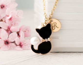 black cat necklace gold with birthstone animal