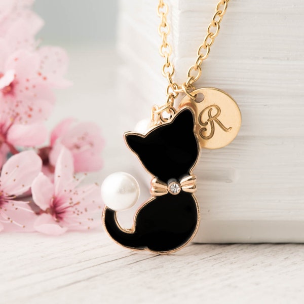 black cat necklace gold with birthstone animal