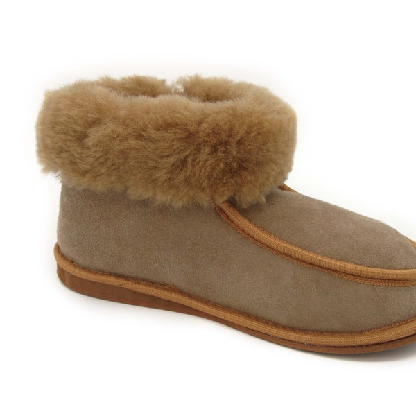 Beige MEN'S WOMEN'S Unisex Cosy Genuine Sheepskin Wool Suede SLIPPERS Boot Sole Size Uk 3-12