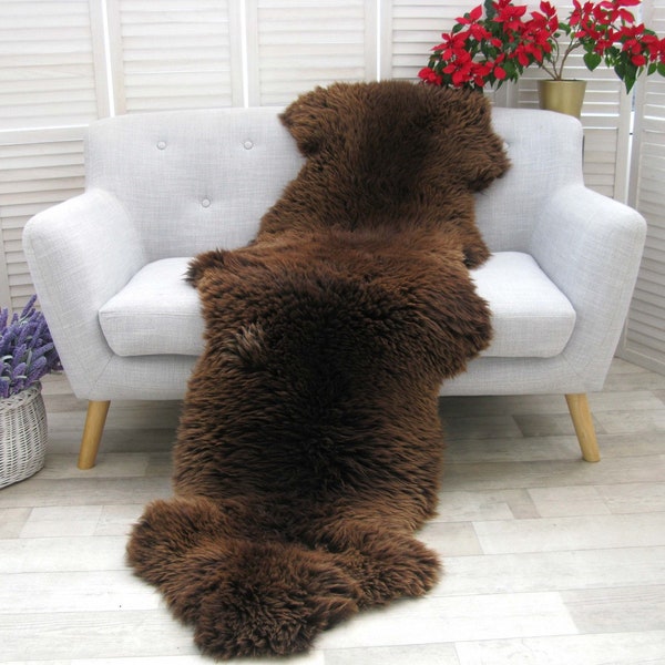 Real BRITISH DOUBLE SHEEPSKIN Tappeto Pelle di legno di colore marrone naturale Morbido Divano Letto Coperto D31