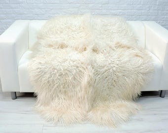 White Cream MONGOLIAN QUAD Sheepskin Rug, Curly Lambskin Throw