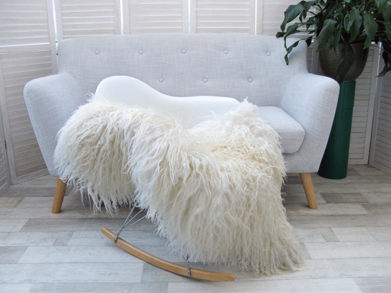 White Curly Wool SHEEPSKIN Rug MONGOLIAN Large Luxurious Decorative Chair Sofa Floor Cover Lambskin MS 130-140cm x 75-85cm cm