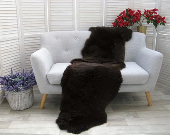 Real BRITISH DOUBLE SHeepskin Rug Hide Natural Dark Brown Soft Sofa Floor Bed Cover D34