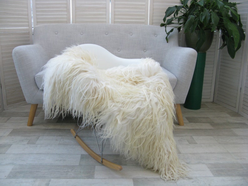 White Curly Wool SHEEPSKIN Rug MONGOLIAN Large Luxurious Decorative Chair Sofa Floor Cover Lambskin MS image 4