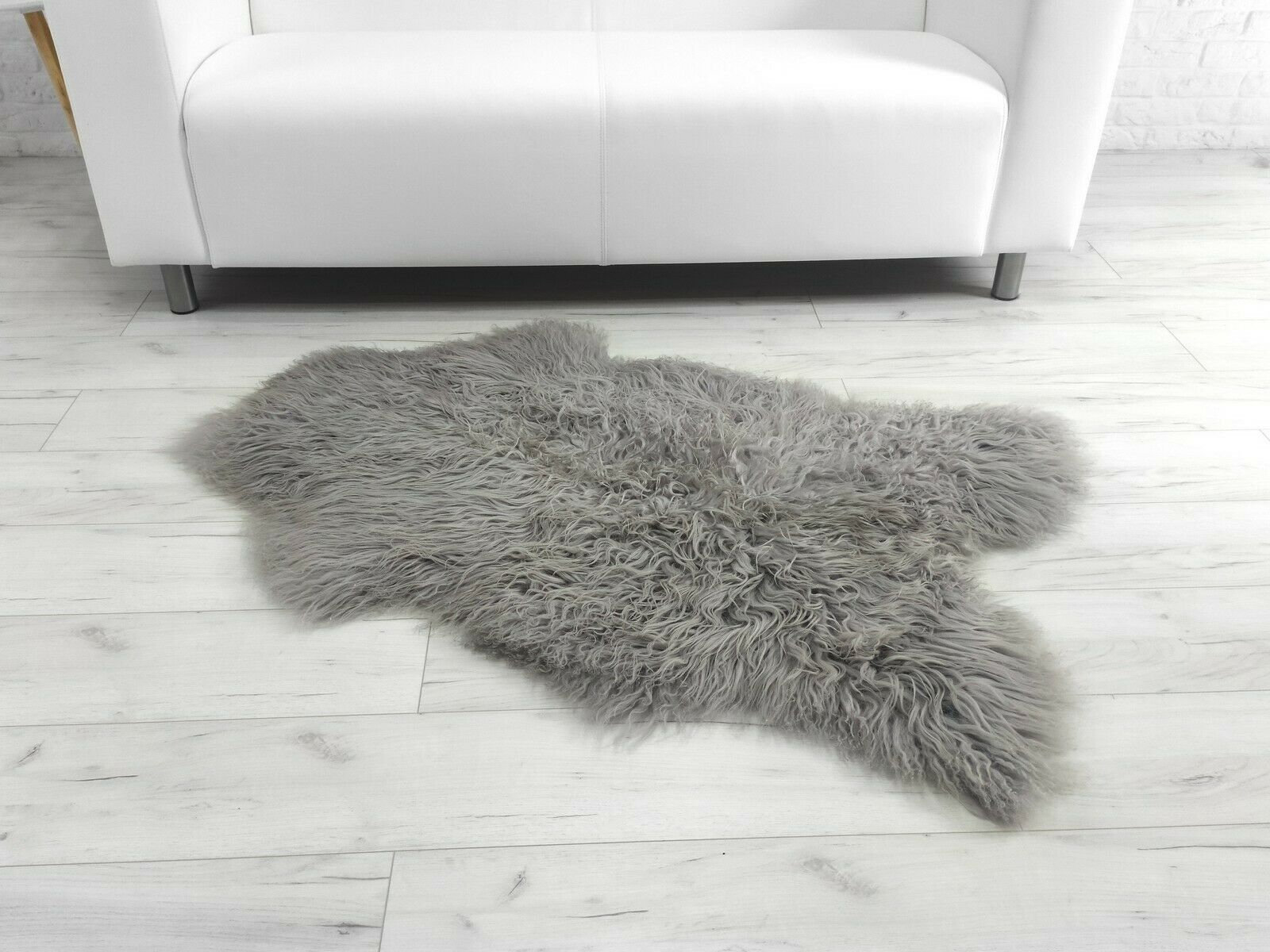 Genuine Icelandic curly single sheepskin rug dyed grey Mongolian style #726 