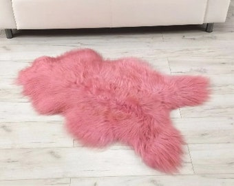 Pink Sheepskin Rug Genuine Icelandic Soft Long Fluffy Fur Dyed Shaggy Rug GD04 