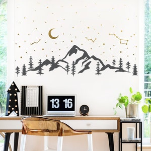 Mountains and Night Sky Decal - Moon Stars Decal, Mountains Decal, Forest Scene Decal, Hiking Decal, Camping Decal, Constellations Decal