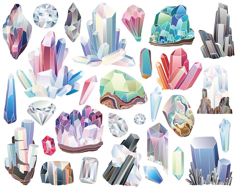 Crystals, Diamonds, and Minerals Clipart 29 300 DPI Vector & PNG Files Gems, Stones, Rocks, Crystal Clusters, Nature Clip Art Set image 1