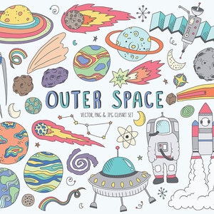 Space Vector - espace mignon Doodles Clip Art Set - cliparts, PNG et fichiers JPG, main dessinée Clipart, Illustration de l’espace, l’espace imprimable